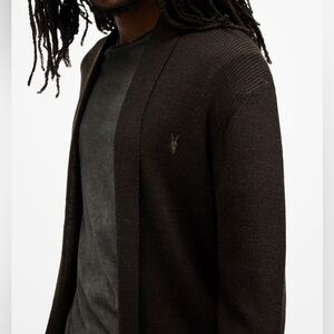 AllSaints Merino Wool Open Front Shawl Collar Ramskull Mode Cardigan Small Brown